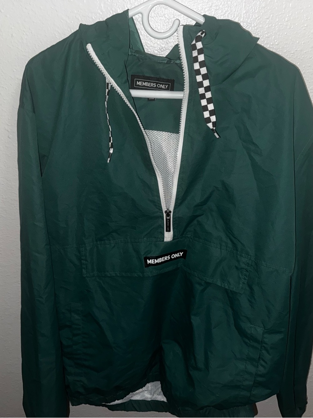 Members Only Dark Green Hooded Windbreaker with Checker Drawcord